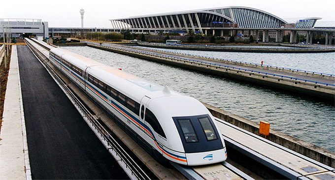 Magnetic levitation train departing from Pudong Airport, Shanghai.