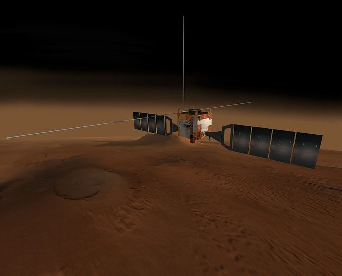 Graphic depicting the design of the Mars Express spacecraft.