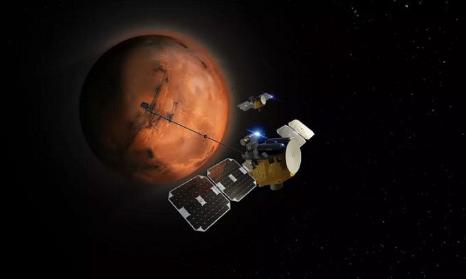 Simulation of the ESCAPADE spacecraft orbiting Mars.