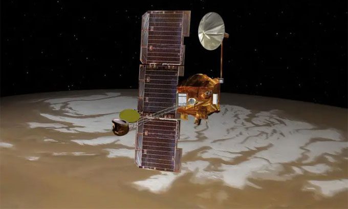 Simulation of NASA's Mars Odyssey spacecraft flying over the southern pole of Mars.