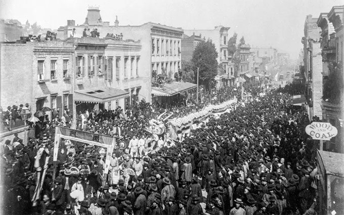 Dragon dance in San Francisco in 1882.