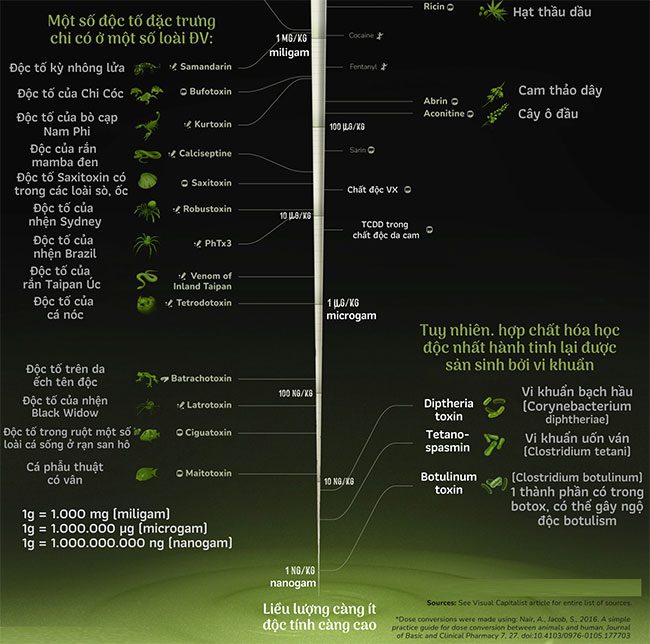 Toxicity scale of common biotoxins in nature, with bacteria being the most toxic