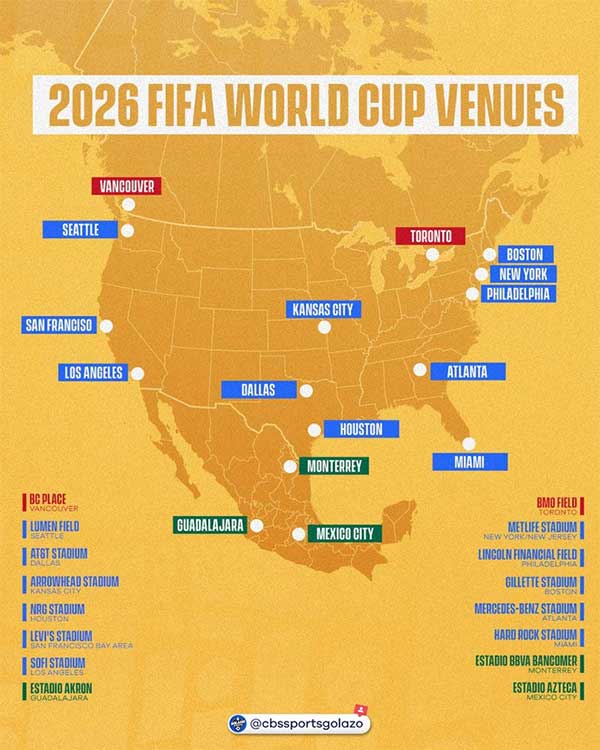 16 cities and stadiums hosting the 2026 World Cup.