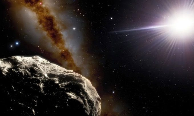 Simulation of an asteroid traveling through space.