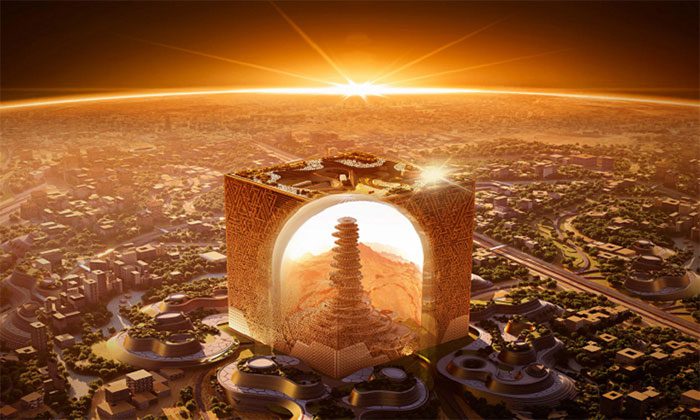 Interior and exterior design of the Mukaab skyscraper.