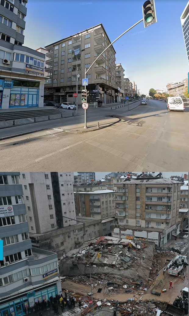 A multi-story residential building in Gaziantep before and after the earthquake