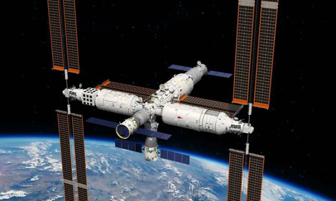 Illustration of the Tiangong space station with a T-shaped structure consisting of three basic modules.