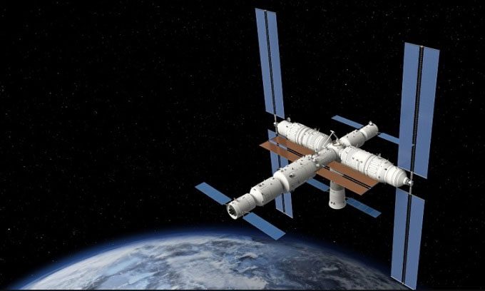 Simulation of the Tianhe Space Station in orbit.
