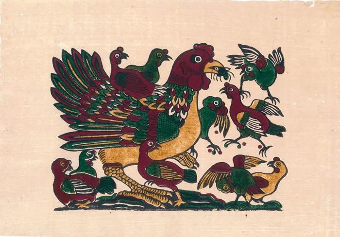 Folk Painting of Rooster Family