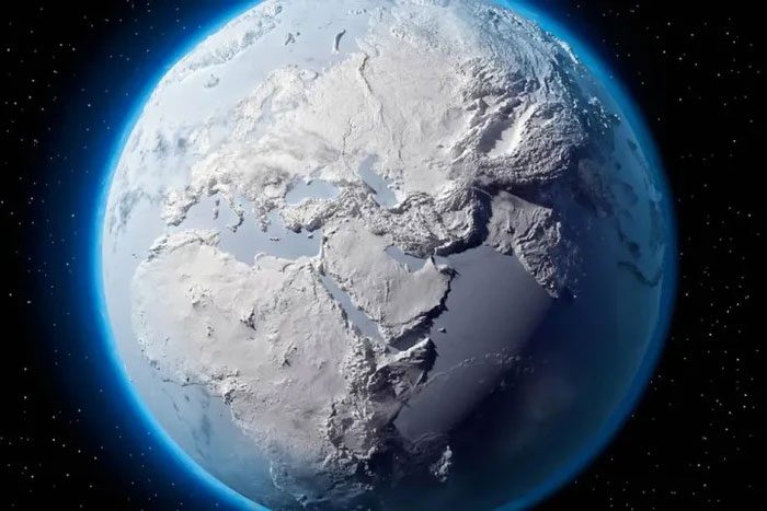 The Earth will transform from its current blue into a white landscape of ice and snow.