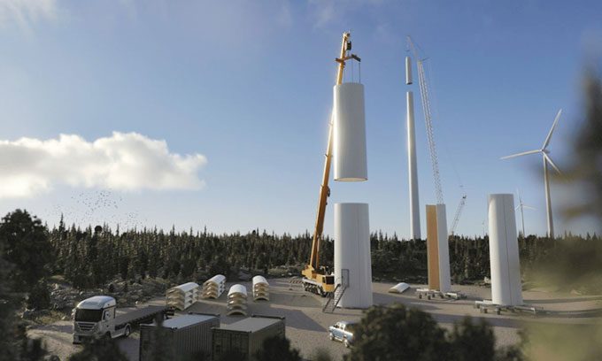 Simulation of the modular wooden turbine installation process in Sweden.