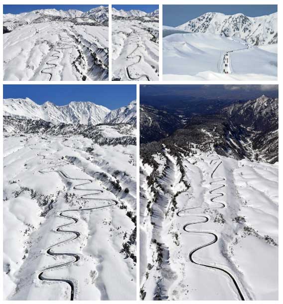 The Tateyama Kurobe Alpine Route winds through the Hida Mountains