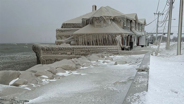 Hoak's restaurant covered in ice from Lake Erie in Hamburg.