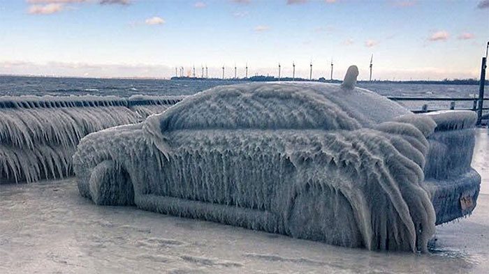 A frozen car after two days of blizzard winds in the area.