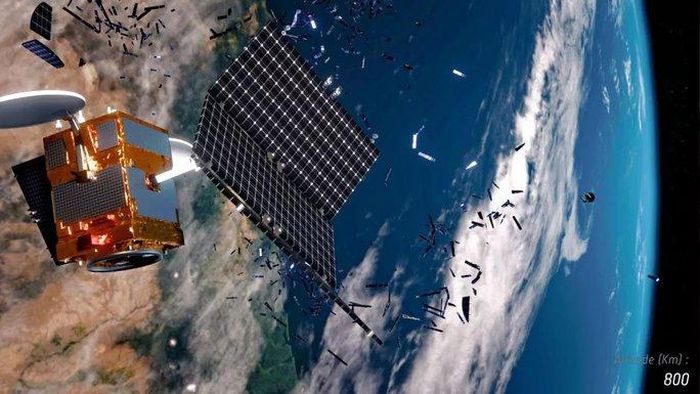 A shattered satellite in orbit