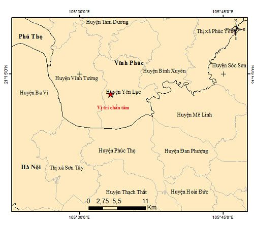 Earthquake epicenter map in Vinh Phuc Province