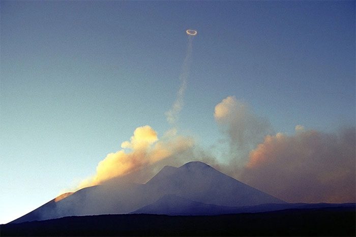 A vapor ring rises from the crater of a volcano in Italy in 2000.