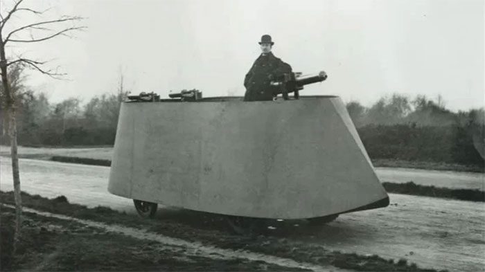 Mr. Simms in his armored vehicle.