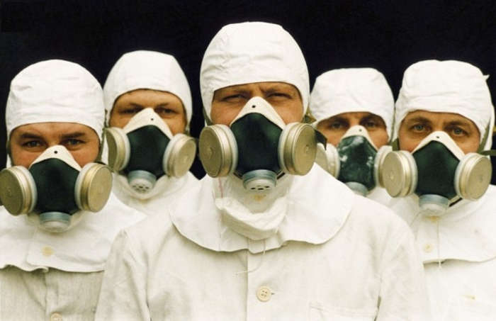 A research team testing radiation at the Chernobyl Nuclear Power Plant five years after the explosion, April 1991