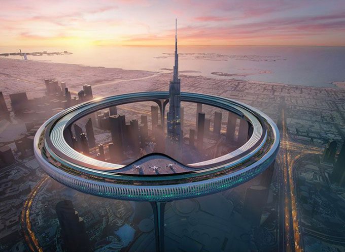 Circular city design surrounding the Burj Khalifa tower in Dubai.
