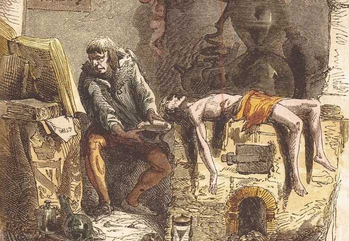 Gilles de Laval conducting alchemical experiments on his victims.