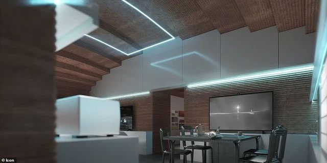3D printed building with a 55-inch TV and gym