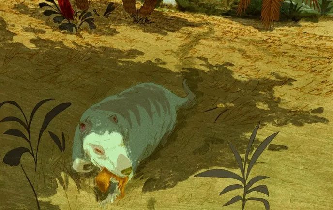 Repenomamus lurking to snatch a Psittacosaurus chick from the nest for food.