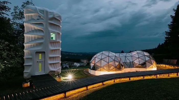The building includes various amenities for astronauts to work and relax.