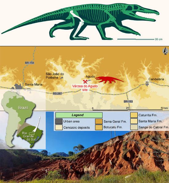 The skeleton of the ancient monster, map, and actual image of the site where it was uncovered