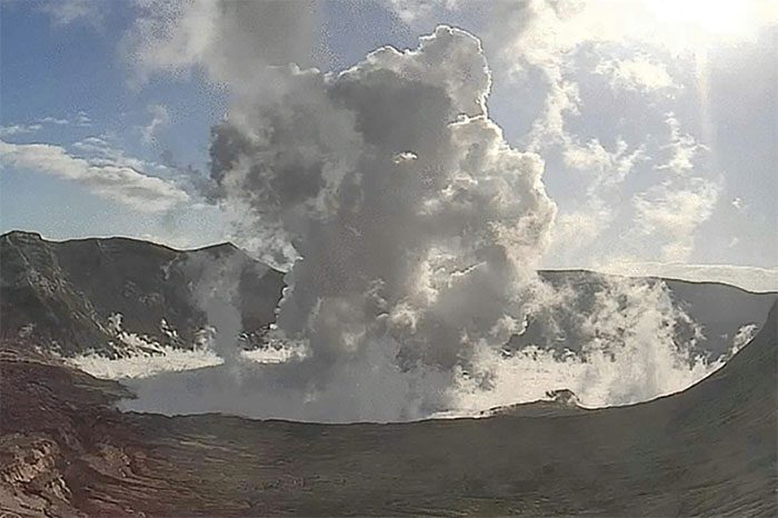 Taal Volcano over the lake in Batangas Province spewing ash hundreds of meters into the sky