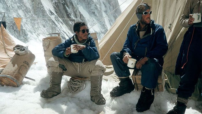 Tenzing Norgay and Edmund Hillary having tea in the Western Cwm