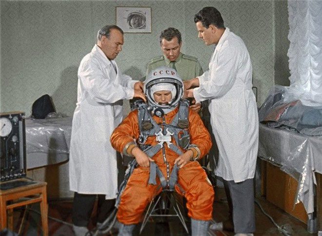 Valentina Tereshkova being prepared at the training center.