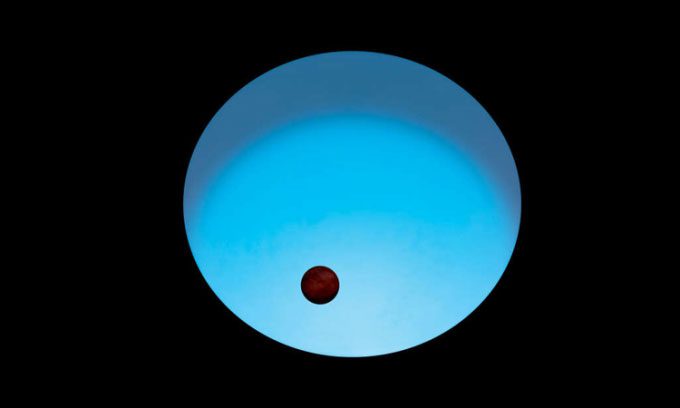 Illustration of exoplanet WASP-189 b orbiting its host star.