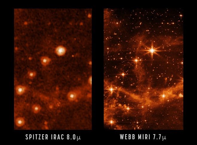 James Webb's infrared image compared to the Spitzer Telescope.