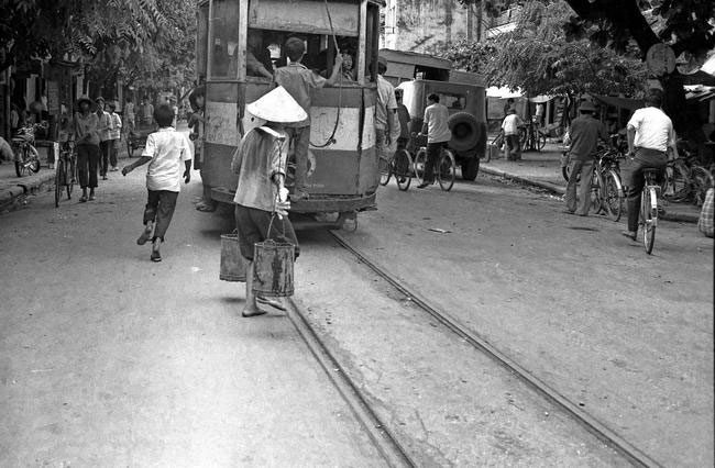 Tram on a street in Hanoi.