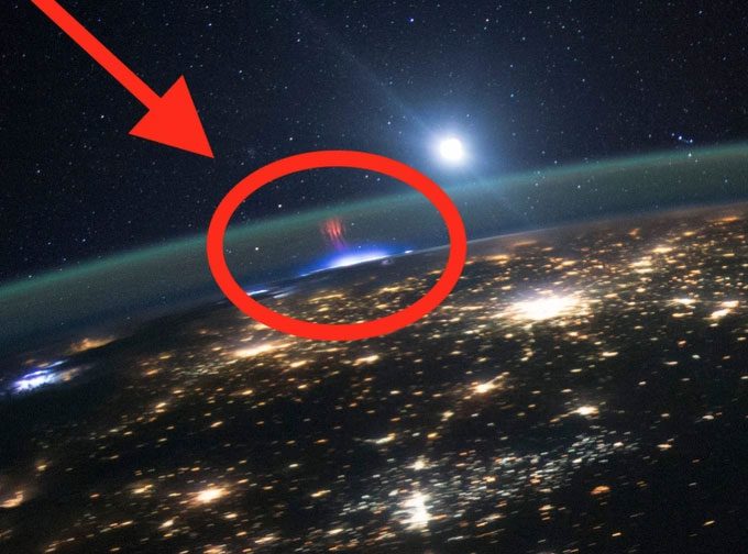 Upper-atmospheric lightning captured from outside Earth.