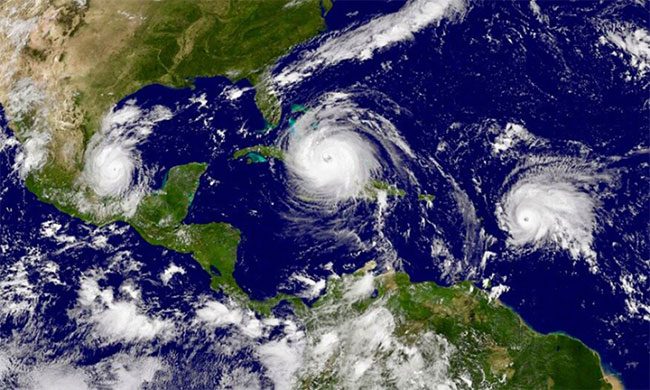 Satellite image showing hurricanes Katia, Irma, and Jose (from left to right) active on September 8, 2017.