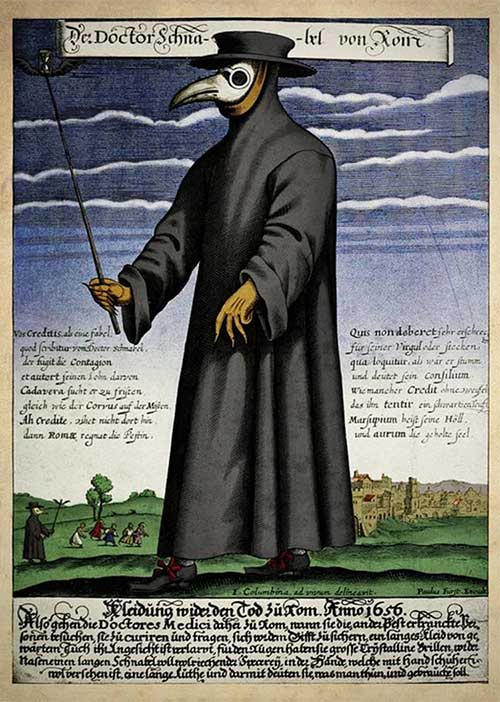 Painting of a plague doctor in the 17th century.