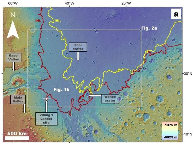 Topographic map of the area with the impact crater and Viking 1 landing site.