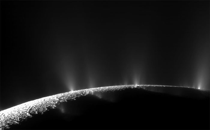 The surface of Enceladus, suspected to harbor extraterrestrial life