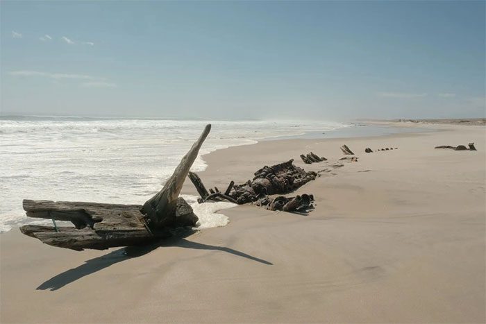 In the picture, the remains of the South West Seal, a fishing vessel that ran aground in 1976.