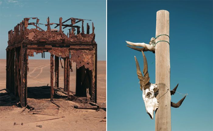 In the image, the remnants of an old oil rig and a gazelle skull