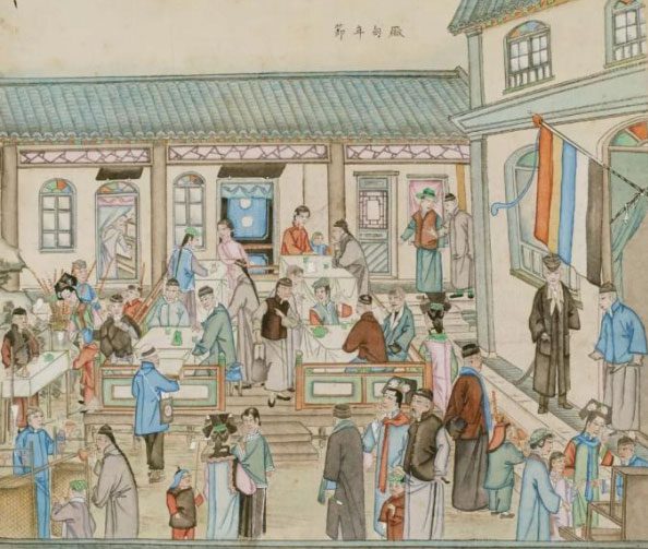 A busy shopping area during the New Year in the "Beijing Customs" painting series.