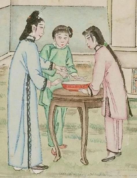 The custom of “Maiden Dropping the Needle” during the Qixi Festival in the "Beijing Customs" painting series.