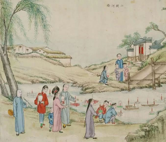 Releasing lanterns on the river in the "Beijing Customs" painting series.