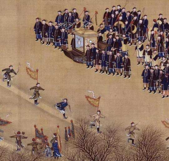 The painting "Ice Fun" depicts nobles during the Qing Dynasty playing games on the ice.