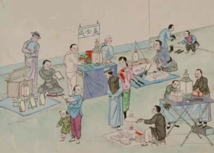 Scene of goods displayed at the night market in the "Beijing Customs" painting series.