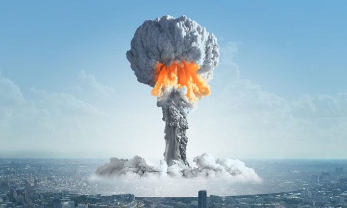 Simulation of a nuclear bomb explosion in a major city.