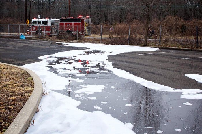Residual firefighting foam after handling a tanker accident in Pennsylvania, USA.