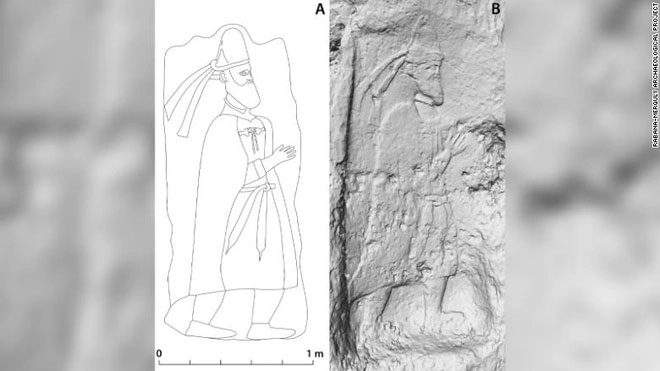 The sculpture at the entrance of Rabana-Merquly (right) is believed to depict the king of the kingdom of Adiabene